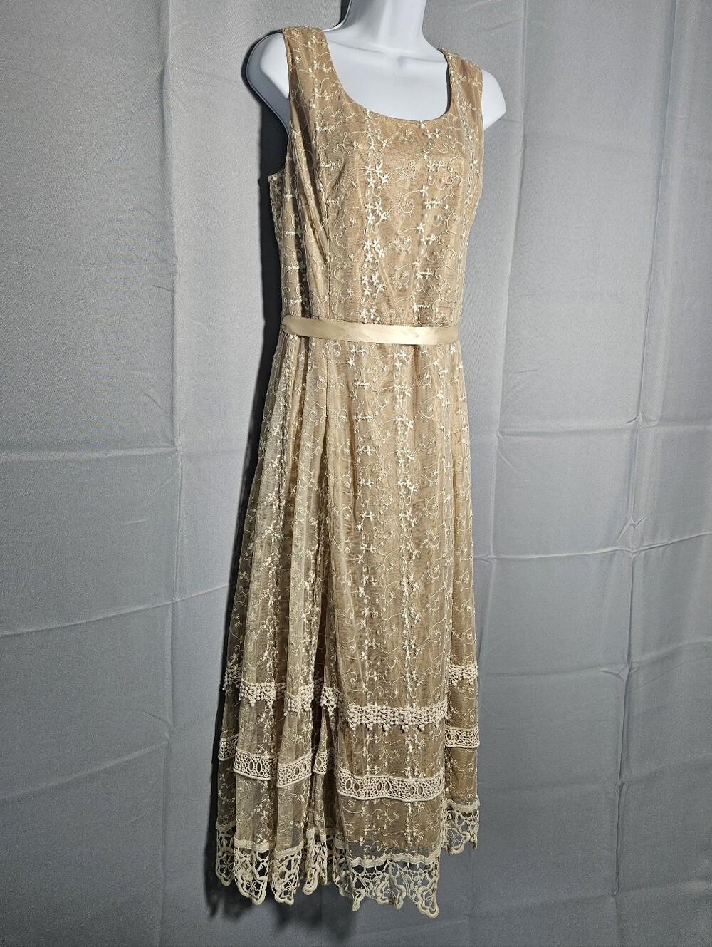 Coldwater Creek Cottagecore Lace Retro 1920s Floral Edwardian Cream Midi Sz 14